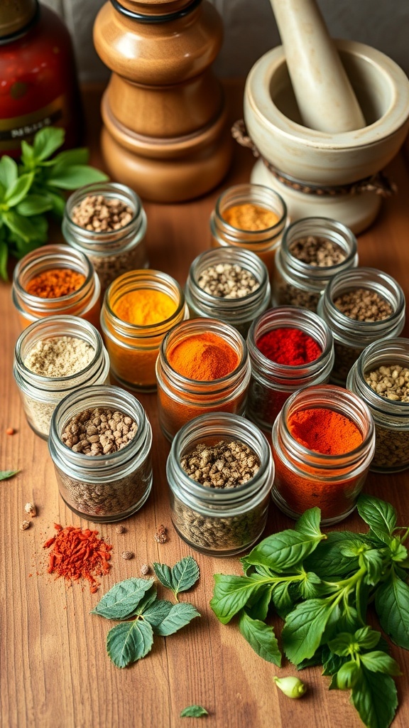 An assortment of essential spices and herbs in jars on a kitchen counter, including paprika, turmeric, and basil.